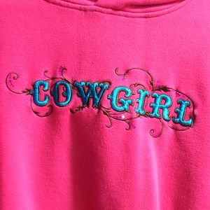 Ran$om Ranch Pink Cowgirl Hoodie with Teal and Brown lettering - Size Small